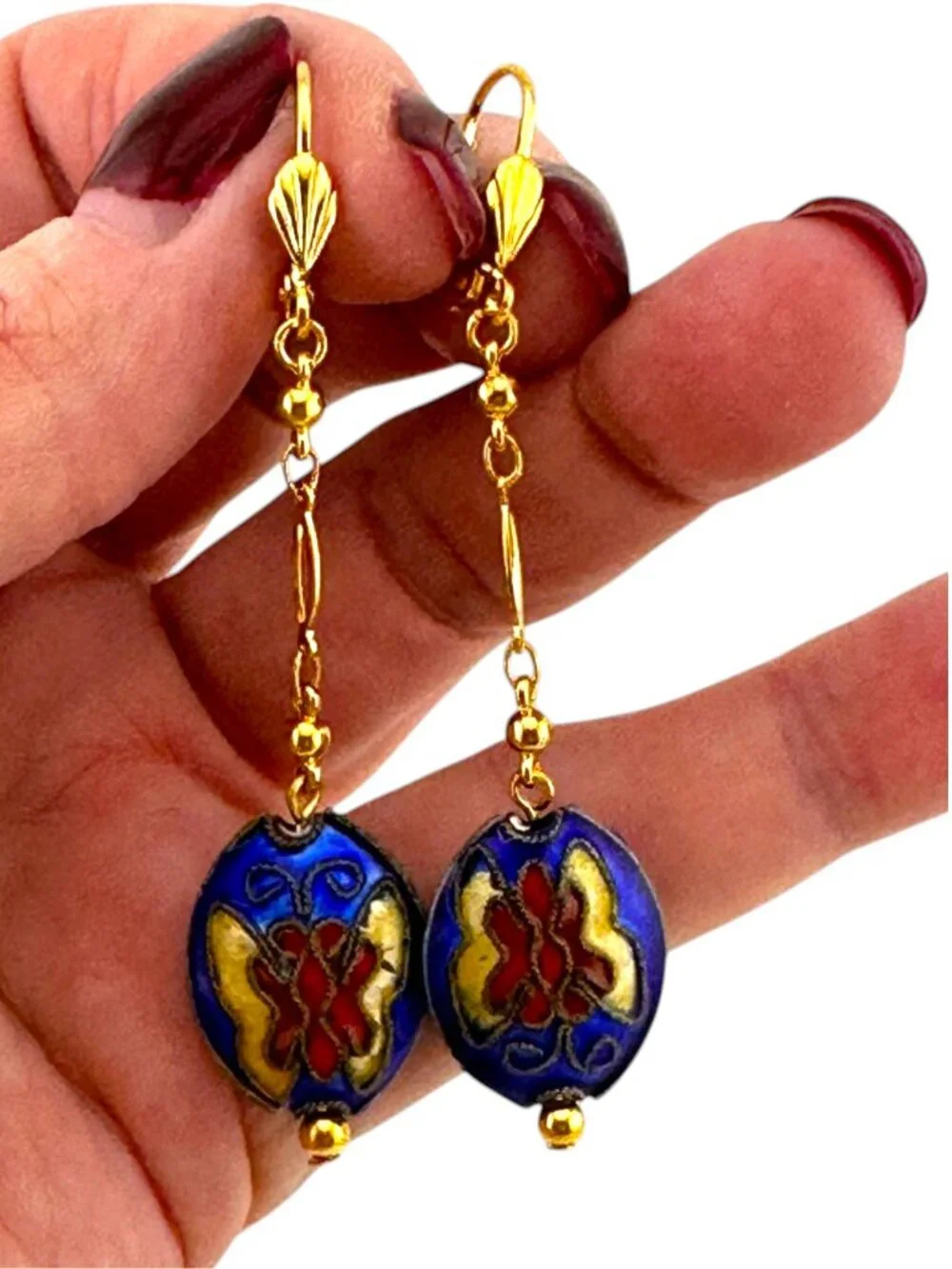 Blue Cloisonné Floral Butterfly Dangle Earrings Gold Leverback 2.75